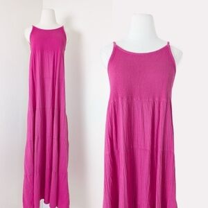 90's Waffle Cotton Midi Dress Halter Empire Waist Floor Length Sleeveless Tank